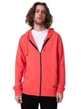 Campera con capucha Caterpillar de color coral, con cierre frontal de cremallera metálica, bolsillos tipo canguro, capucha forrada y puños y bajo de punto acanalado. Cuenta con una pequeña etiqueta con el logo de la marca en el bajo.