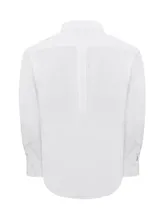 Camisa de vestir de manga larga en color blanco, confeccionada en popelina de algodón con tecnología Travel 360 que aporta elasticidad y tecnología WOR repelente a líquidos. Presenta cuello con botones, cierre frontal abotonado y un bolsillo en el pecho con el logo de la marca bordado al tono.