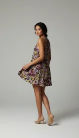 Vestido corto con estampado floral multicolor en tonos violetas, amarillos y rosados. Tiene escote halter, bolsillos laterales y corte suelto.