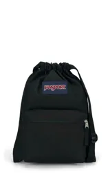 Mochila JanSport Draw Sack negra con ajuste de cordón y bolsillo frontal con cierre.