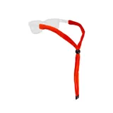 Sujeta lentes de algodón color rojo con terminales grandes de goma para sujetar a las patillas de los lentes y ajuste corredizo de goma negra.