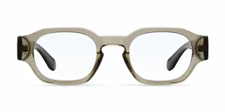 Lentes con protección de luz azul y filtro UV400, con montura geométrica de acetato bio-based en color beige traslúcido.