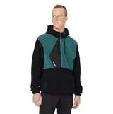 Campera de polar con media cremallera, diseño color block en negro y verde, con capucha ajustable y bolsillo frontal.