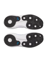 Championes Under Armour UA Phantom 4, color blanco y negro con detalles en azul. Combinan rendimiento técnico con diseño urbano, con parte superior textil estructurada, cuello de punto tipo calcetín, contrafuerte de TPU y amortiguación UA HOVR™+.