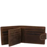 Billetera de cuero natural de primera calidad en color marrón, con diseño plegable, cierre con broche y múltiples ranuras para tarjetas. Incluye forro interior de poliéster reciclado y tecnología de protección RFID.