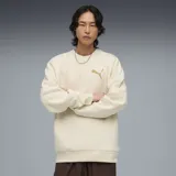 Buzo de cuello redondo Puma, color beige, con logo de la marca estampado en el pecho en tono dorado. Presenta un corte relajado con puños y ruedo acanalados.