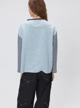 Remera de manga larga con diseño a rayas horizontales en tonos celestes y blancos en el cuerpo, y mangas a rayas azul marino y blancas. Presenta cuello redondo en color azul marino, logo bordado en el pecho y calce holgado.