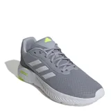 Championes Adidas Cloudfoam Move de color gris, con diseño de malla transpirable, las icónicas tres tiras laterales en tono plateado y detalles en verde lima en la lengüeta y la mediasuela. Cuenta con tecnología de amortiguación Cloudfoam Walk para mayor confort.