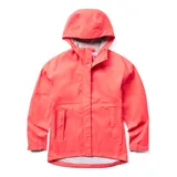 Campera impermeable de corte técnico, color coral, con capucha ajustable, cierre frontal con solapa, bolsillos laterales con broche y puños ajustables con velcro.