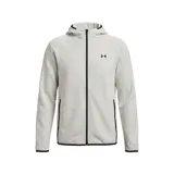 Campera deportiva con capucha Under Armour Unstoppable Fleece, color beige claro con detalles en negro, cierre frontal completo y bolsillos laterales.