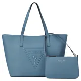 Cartera shopper de poliuretano color azul, con doble asa superior, diseño texturizado, gran compartimento principal y logo de la marca en relieve en la parte frontal. Incluye un pequeño bolso de mano tipo pouch con correa corta.