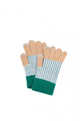 Guantes con dedos, color gris, con puño amarillo y diseño geométrico en blanco y negro.