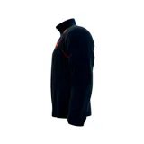 Buzo deportivo azul marino con cierre frontal parcial, cuello alto y mangas largas. Presenta detalles en amarillo y rojo en los hombros, el logo de la FIFA World Cup 26 en el pecho y el escudo de la selección de España.