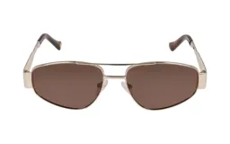 Lentes de sol unisex con armazón metálico plateado, lentes marrones de forma geométrica y patillas de carey.