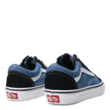 Championes Vans modelo Old Skool, con diseño clásico de caña baja. Presentan una combinación de paneles de lona azul y gamuza en color azul marino, con la icónica banda lateral blanca y suela de goma vulcanizada con patrón waffle.