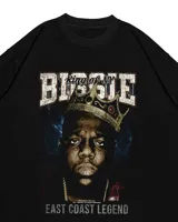 Remera negra de algodón con estampa de Biggie Smalls con corona y texto "Biggie King of NY" y "East Coast Legend".