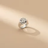 Anillo tipo sello de plata 925 con diseño de abeja en relieve sobre una base hexagonal.