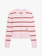 Cardigan de punto Tommy Hilfiger en color rosado con rayas horizontales burdeos, cuello redondo y cierre frontal con botones dorados. Presenta ribetes en canalé y un bordado sutil en el pecho.