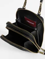 Porta celular con doble compartimento y tarjetero interno. Incluye correa desmontable para usar como bandolera o billetera.