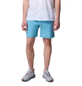 Short de baño celeste liso con tecnología Omni-Shield y Omni-Shade, con bolsillos laterales y un bolsillo trasero con cierre. Cuenta con calzoncillos interiores de malla y cintura elástica ajustable.