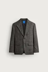 Blazer regular fit de Zara, confeccionada en tejido con mezcla de lana y lino en color gris oscuro con efecto jaspeado. Presenta cuello con solapas de muesca, manga larga con botones en los puños y un cierre frontal de un botón. Incluye bolsillos con solapa en la cadera, un bolsillo de vivo en el pecho y aberturas en la parte trasera.