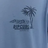 Remera de manga corta color azul, con cuello redondo y un pequeño estampado gráfico de palmeras y el logo de Rip Curl en el pecho izquierdo.