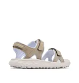 Sandalia de senderismo Columbia modelo Konos Hiker, color gris con detalles en blanco. Presenta diseño de dos correas ajustables con cierre de velcro, plantilla con tratamiento antimicrobiano y suela de caucho de alta tracción con tecnología Omni-Grip.