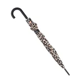 Paraguas largo con estampado de leopardo y mango curvo negro.