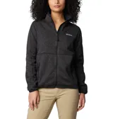 Campera polar Columbia con cierre frontal completo, confeccionada en tejido tipo jersey de textura jaspeada. Presenta cuello alto, bolsillos laterales con cierre y ribetes elásticos en puños y cuello.