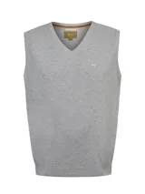 Chaleco gris melange de punto con cuello en V, sin mangas y diseño clásico. Presenta un pequeño bordado del logo de la marca en el pecho y terminaciones en rib en el cuello, sisas y ruedo.
