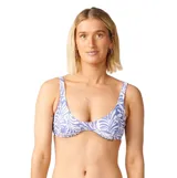Top de bikini Rip Curl modelo Party Wave Multi Fit, color celeste y blanco con estampado de hojas y patrones abstractos, con tirantes anchos y escote redondo.