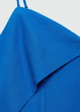 Vestido midi de diseño evasé en color azul vibrante, con escote de pico y detalle de solapa vuelta. Presenta tirantes finos ajustables y un corte sin mangas.