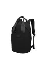 Mochila negra con asas superiores de mano, tirantes ajustables acolchados y bolsillo frontal con cierre.