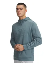 Buzo con capucha Under Armour modelo Armour Fleece, color azul grisáceo, con logo de la marca en relieve en el centro del pecho. Cuenta con bolsillo frontal tipo canguro y cordones ajustables en la capucha.