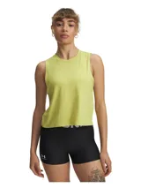 Musculosa deportiva de corte cropped, color amarillo lima, con sisas amplias y logo de la marca estampado en el pecho. Confeccionada en tejido elástico de secado rápido con tecnología infrarroja.