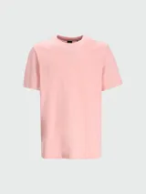 Remera de punto de algodón en color gris oscuro, con cuello redondo, mangas cortas y logo de la marca bordado discretamente en el pecho.