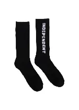 Medias negras de caña alta con tejido acanalado y la palabra "Independent" estampada en vertical en color blanco.
