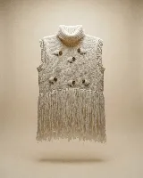 Chaleco tejido en lana merino, color negro, con cuello alto y diseño sin mangas. Presenta aplicaciones artesanales en relieve que simulan ovejas y un ruedo terminado con largos flecos.