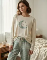 Pijama de dos piezas compuesto por una remera de manga larga color beige con estampa central de luna y estrellas, y un pantalón con estampado de rayas horizontales en tonos verde y beige, con cintura elástica ajustable mediante cordón.