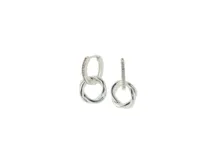 Aros colgantes de bronce bañado en rodio con aro superior pavé de circonias y dije circular entrelazado con diseño texturado.