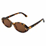 Lentes de sol con armazón ovalado de carey y micas marrones, con detalle metálico dorado en las esquinas y patillas.