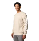 Buzo de cuello redondo Columbia, color beige, con puños y dobladillo acanalados. Presenta el logo de la marca estampado en el pecho y en la manga izquierda.
