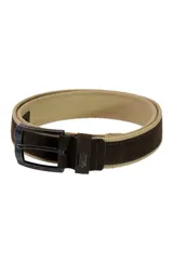 Cinturon de yute color beige con detalles en gamuza marron y hebilla metalica oscura.