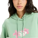 Canguro de algodón color verde con capucha y cordones ajustables. Presenta un estampado frontal con flores de hibisco rosadas y el logo de la marca en el centro, además de un bolsillo tipo canguro en la parte inferior.