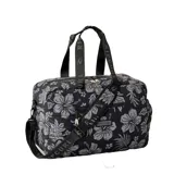 Bolso de viaje Rip Curl modelo Weekend Travel 48L Hold-All, color negro con estampado de flores grises. Tiene doble asa de mano y correa bandolera ajustable con logo de la marca.