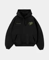 Canguro negro de corte oversize con capucha y bolsillo frontal. Presenta un diseño gráfico circular estampado en color beige en la espalda con tipografía estilizada y detalles de texto en la parte inferior.