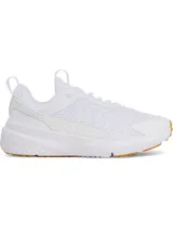 Championes de entrenamiento Under Armour Project Rock BSR 5, color blanco con suela de goma color caramelo. Presentan una parte superior de malla transpirable con refuerzos laterales y una mediasuela Charged Cushioning para mayor amortiguación y retorno de energía.