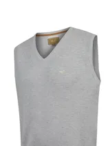 Chaleco de punto gris melange con escote en V y pequeño logo bordado en el pecho.