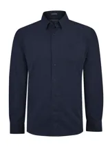 Camisa de manga larga de corduroy azul marino para hombre, con cuello camisero, cierre frontal de botones y un bolsillo aplicado en el pecho.