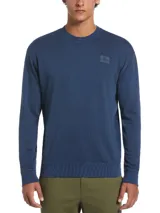 Buzo azul marino de escote redondo y manga larga de Original Penguin, confeccionado en tejido de algodón con textura de toalla de bucles. Presenta un calce slim fit, dobladillo recto y un pequeño parche con logo bordado en el pecho.